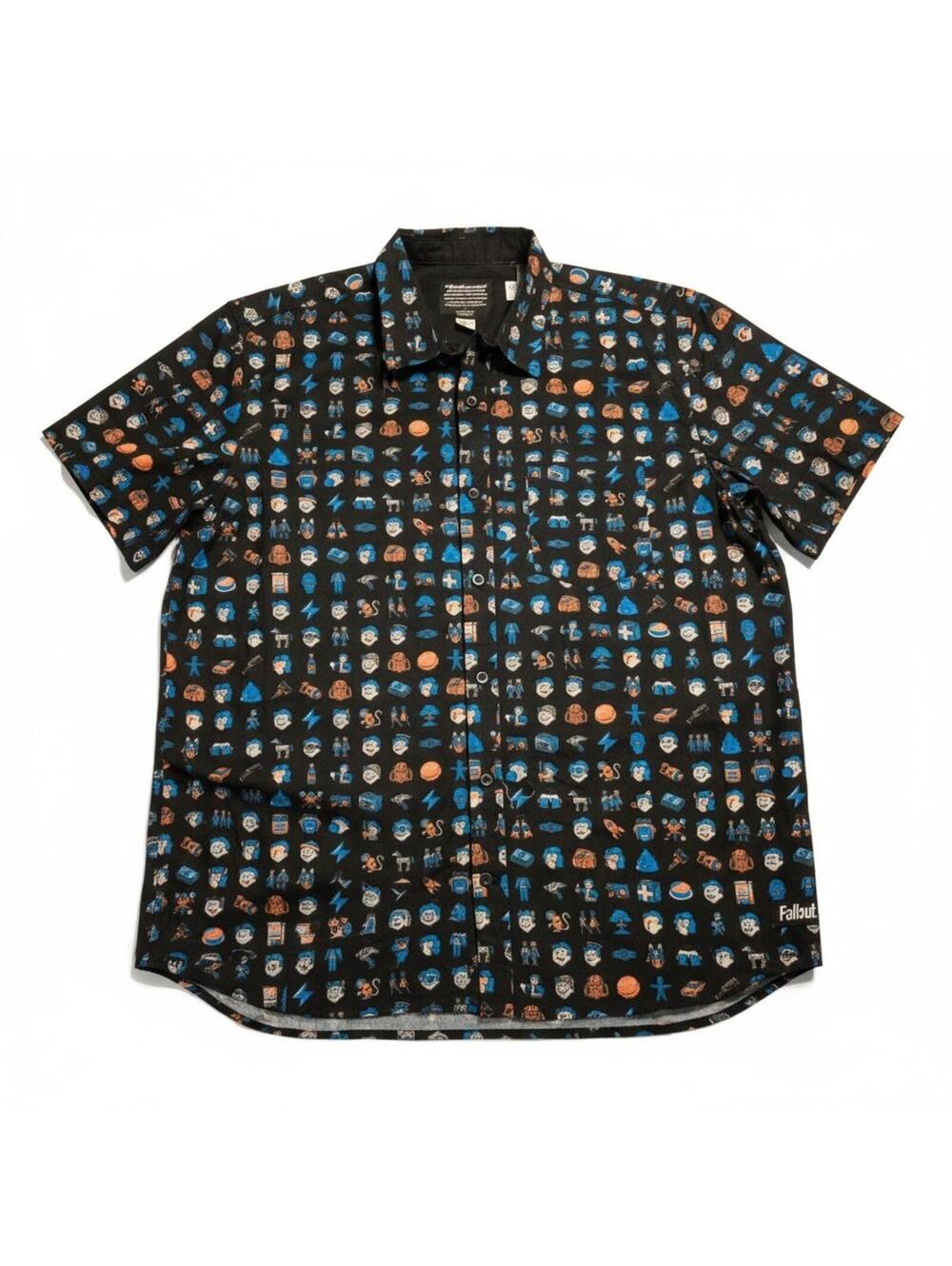 Bethesda Mens Fallout Game Icons AOP Woven Button-Up Black Shirt Sz 2XL